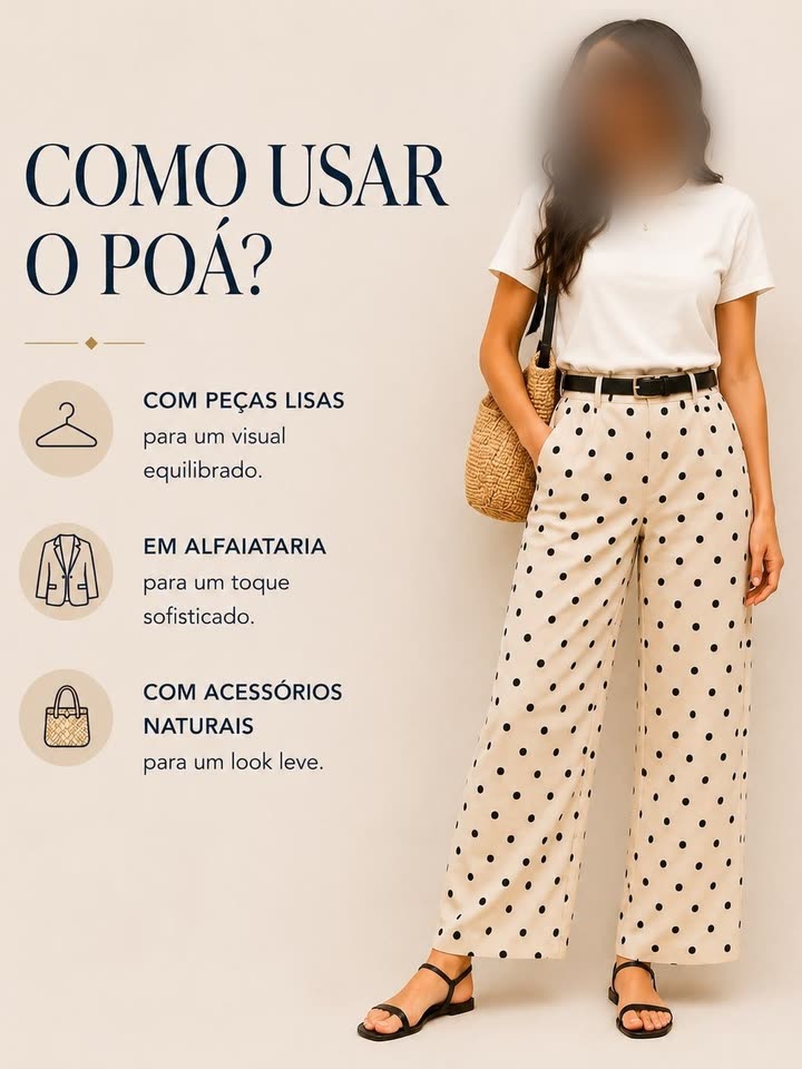 Post de referência: modelo de camiseta branca e calça de poá, com o rosto desfocado